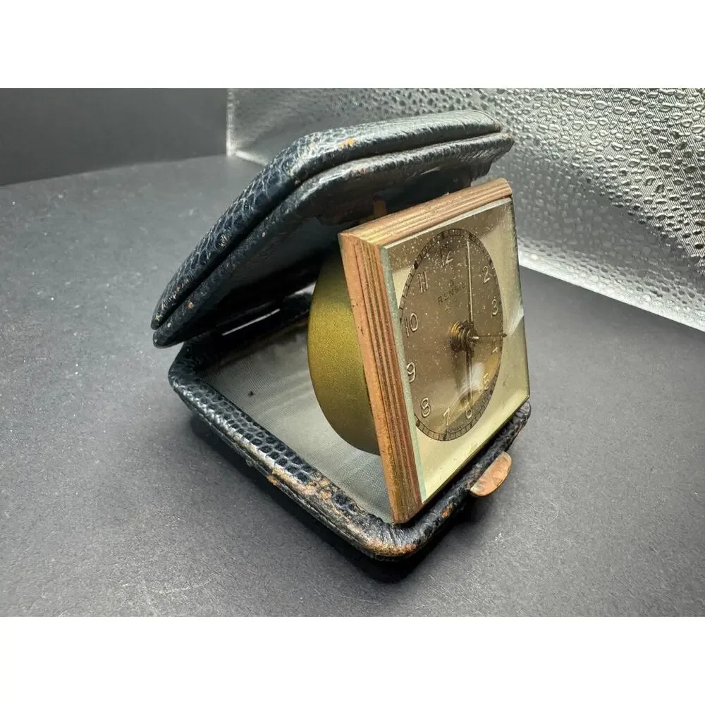 Vintage Rensie Germany Travel Alarm Clock 7 Jewels Genuine Leather Case